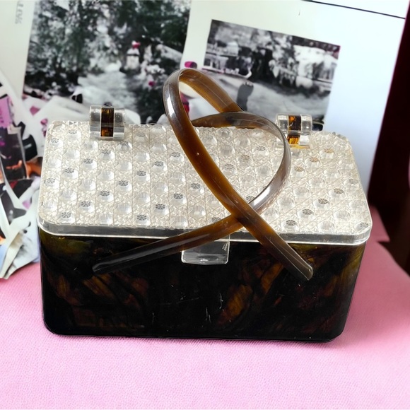 Merle Norman 1970's Faux Tortoise Shell Lucite Cosmetic Case Box box purse - Picture 2 of 9